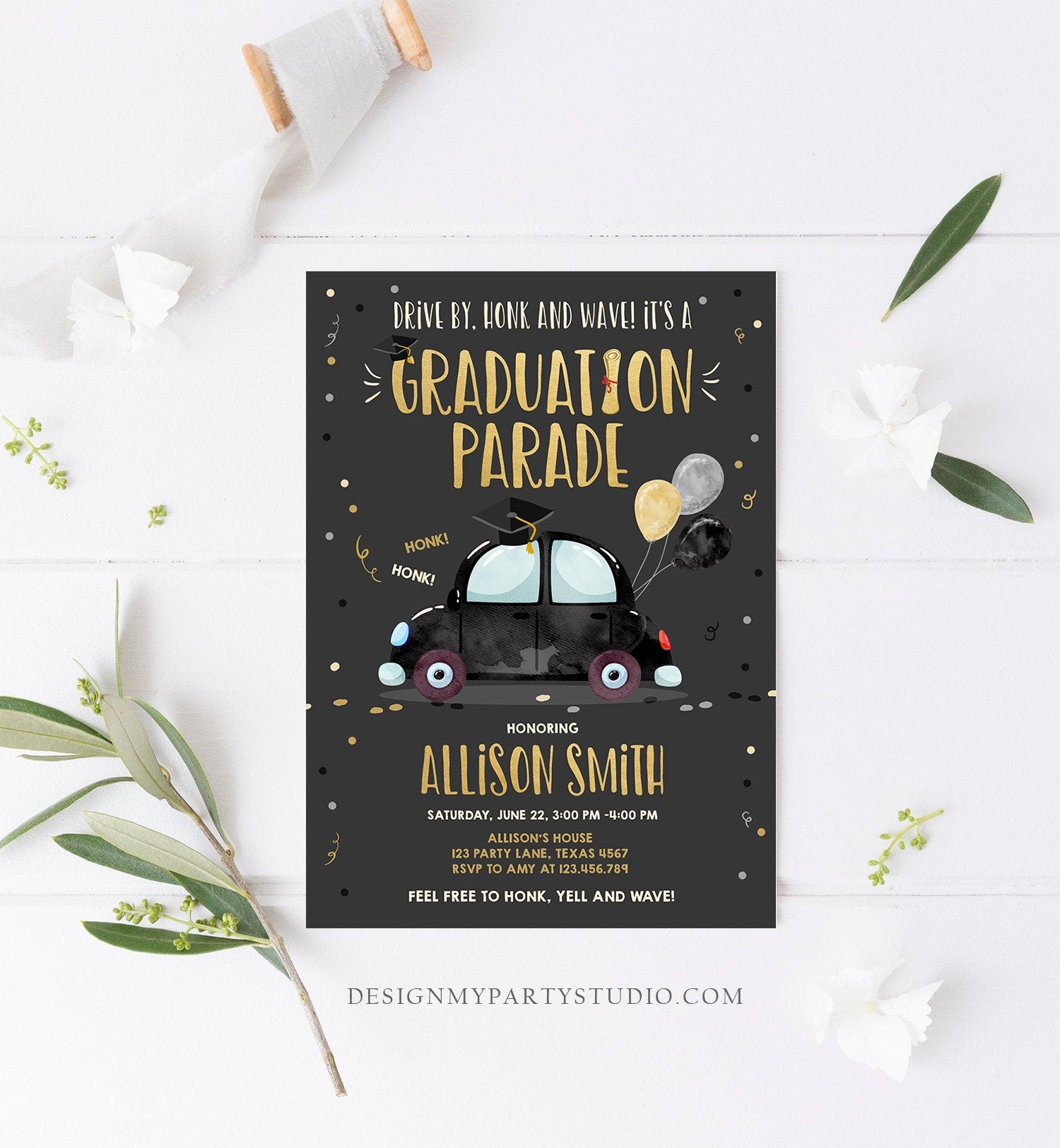 Editable Drive By Graduation Parade Invitation Drive Through Party Gold BlackQuarantine Graduate 2021 High School Grad Download Corjl 0337