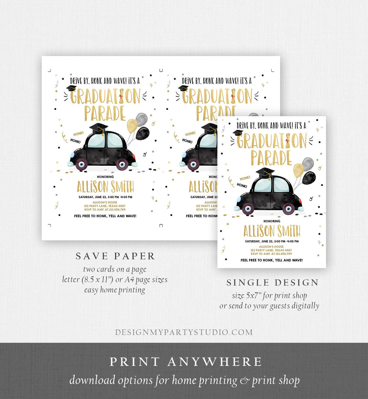 Editable Drive By Graduation Parade Invitation Drive Through Party Gold Black Quarantine Graduate 2021 High School Grad Download Corjl 0337