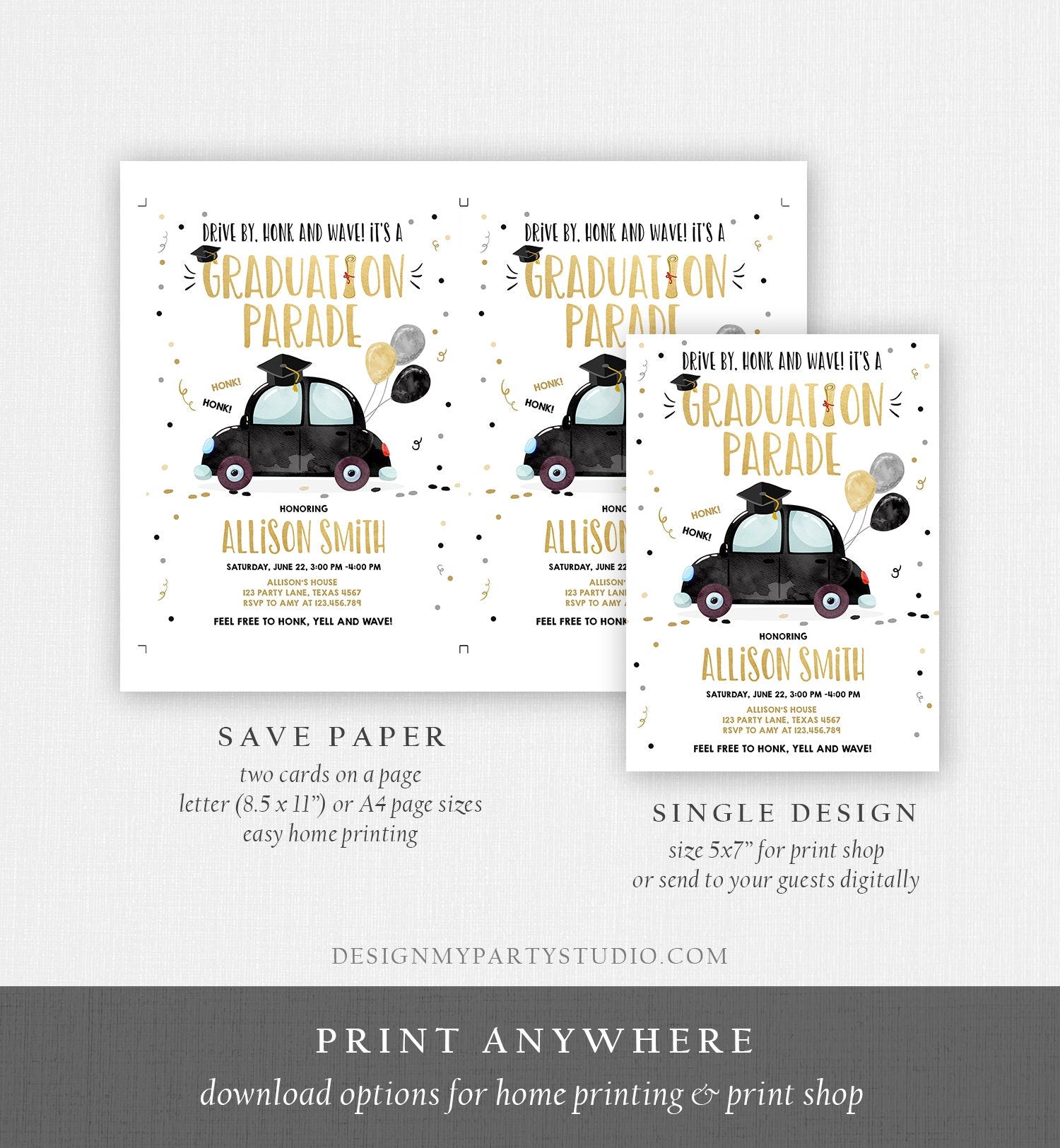 Editable Drive By Graduation Parade Invitation Drive Through Party Gold Black Quarantine Graduate 2021 High School Grad Download Corjl 0337