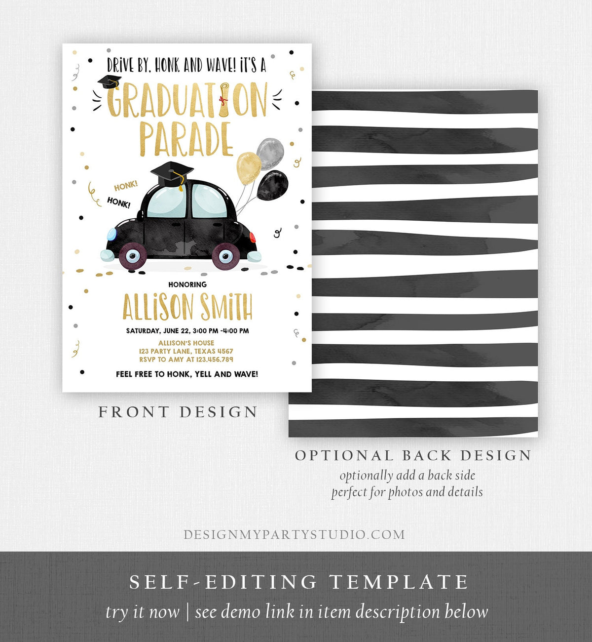 Editable Drive By Graduation Parade Invitation Drive Through Party Gold Black Quarantine Graduate 2021 High School Grad Download Corjl 0337
