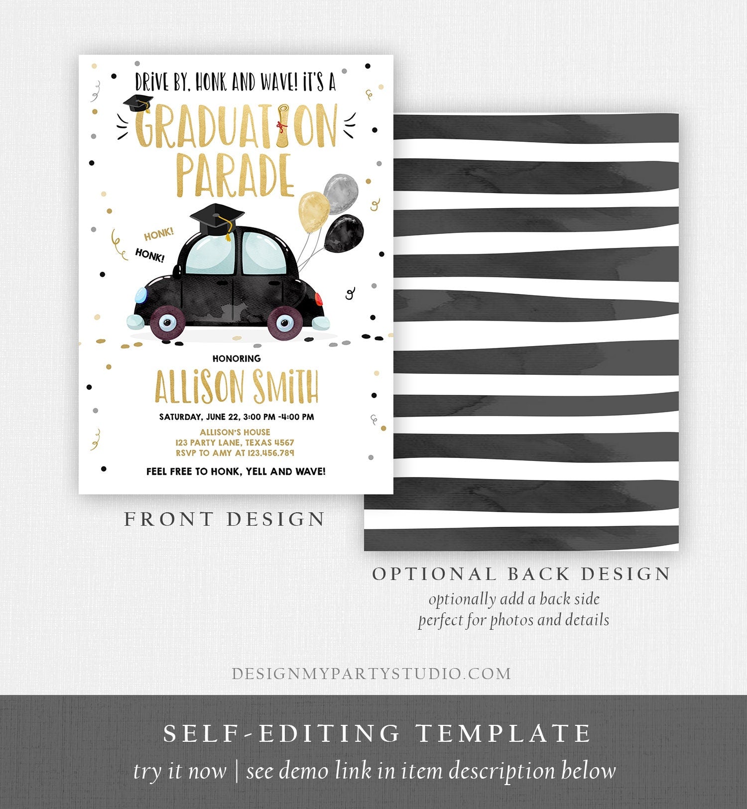 Editable Drive By Graduation Parade Invitation Drive Through Party Gold Black Quarantine Graduate 2021 High School Grad Download Corjl 0337