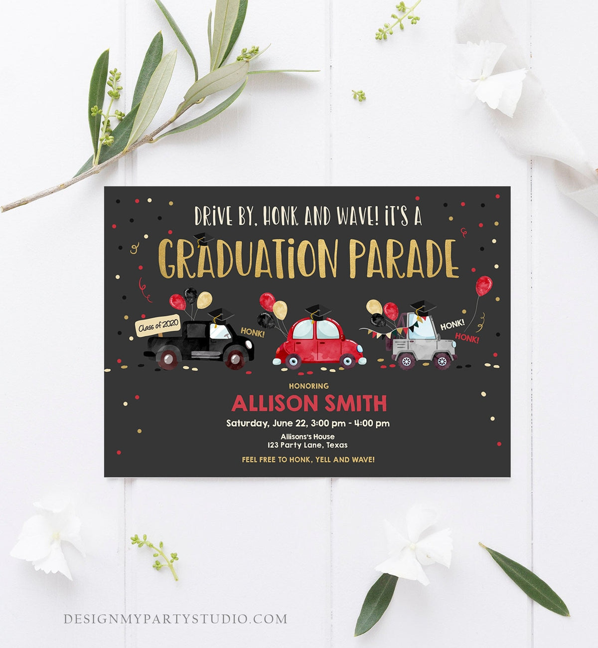 Editable Drive By Graduation Parade Invitation Drive Through Party Red Gold Quarantine Graduate 2021 High School Grad Download Corjl 0337