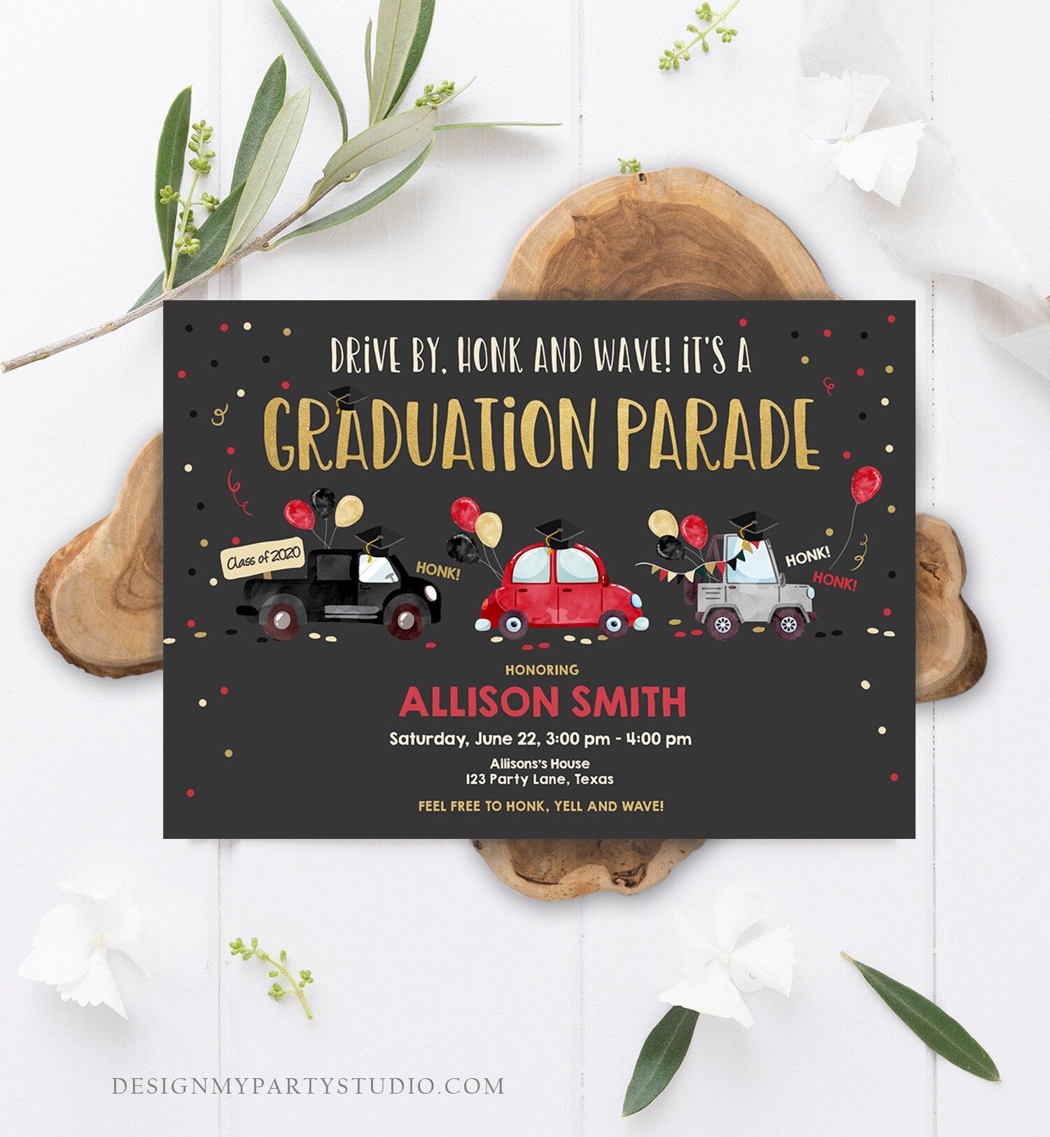 Editable Drive By Graduation Parade Invitation Drive Through Party Red Gold Quarantine Graduate 2021 High School Grad Download Corjl 0337