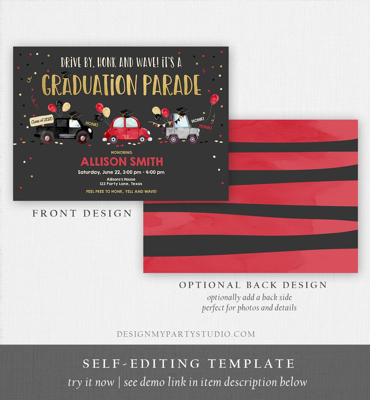 Editable Drive By Graduation Parade Invitation Drive Through Party Red Gold Quarantine Graduate 2021 High School Grad Download Corjl 0337