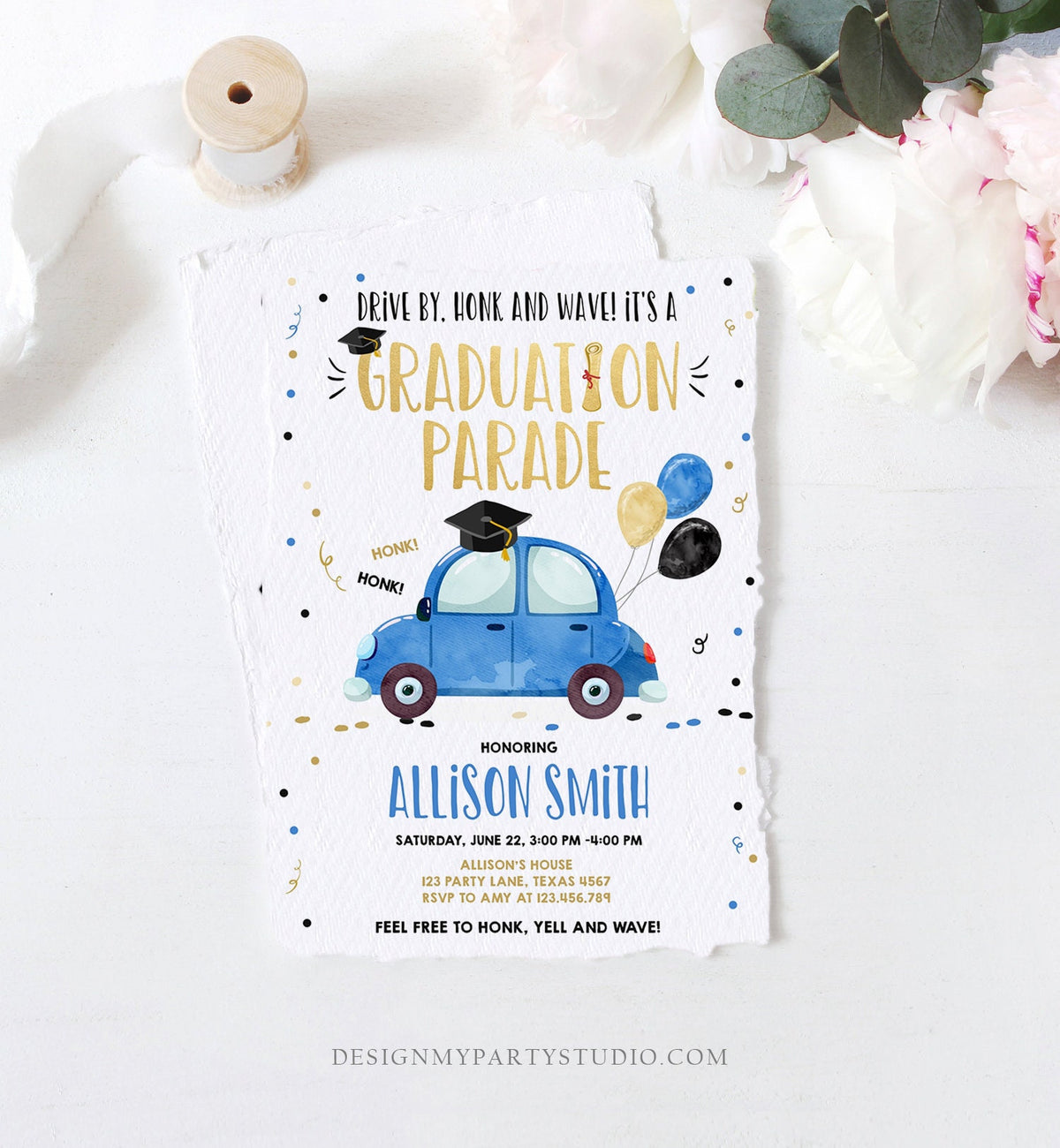 Editable Drive By Graduation Parade Invitation Drive Through Party Blue Gold Quarantine Graduate 2021 High School Grad Download Corjl 0337