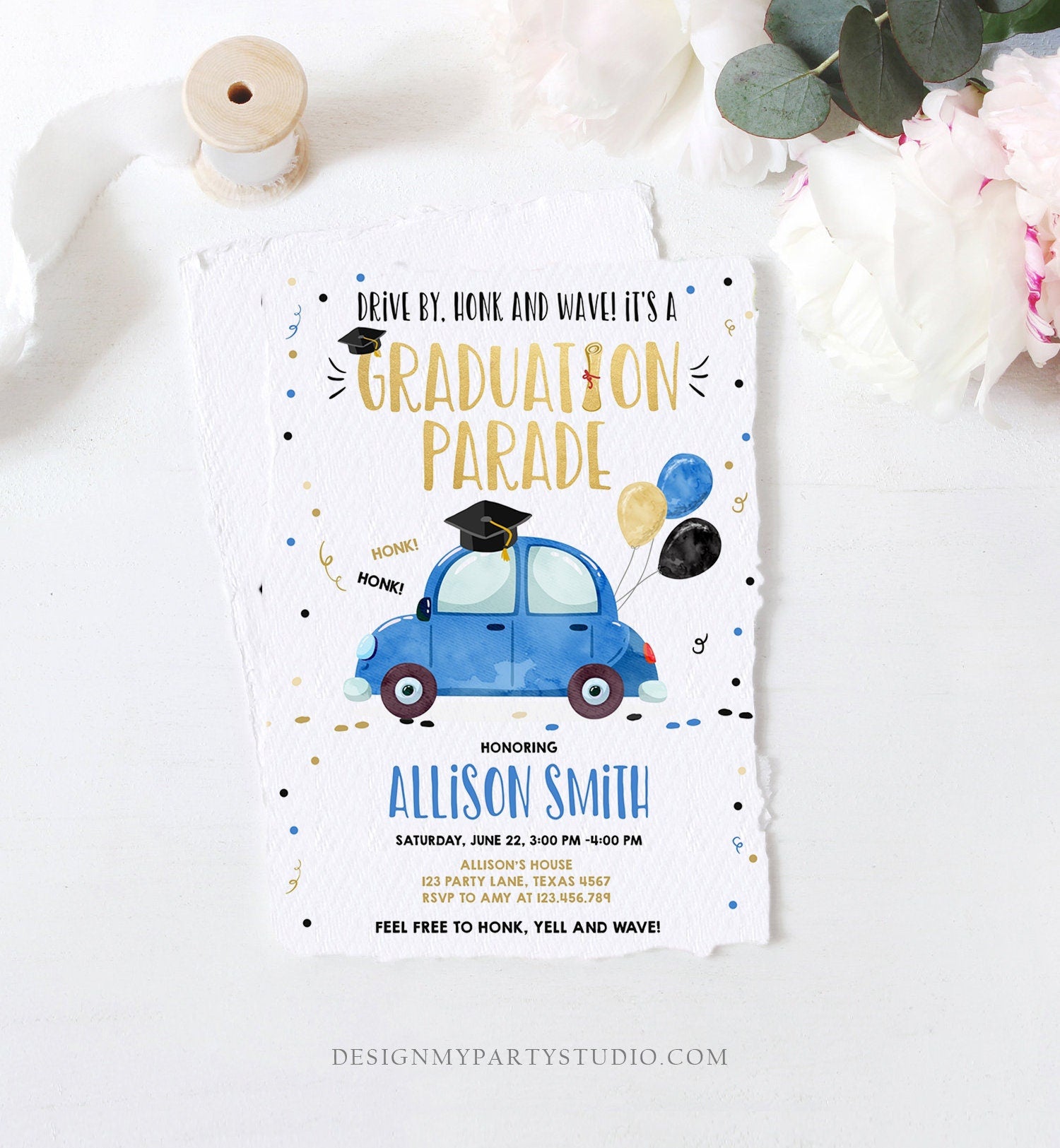 Editable Drive By Graduation Parade Invitation Drive Through Party Blue Gold Quarantine Graduate 2021 High School Grad Download Corjl 0337