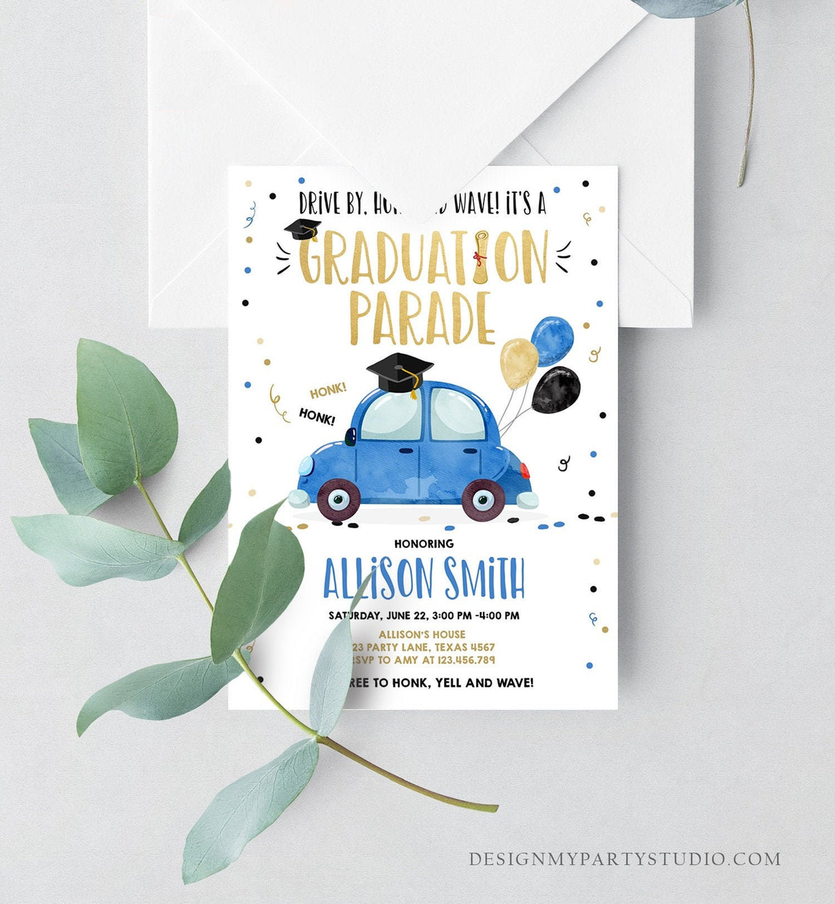 Editable Drive By Graduation Parade Invitation Drive Through Party Blue Gold Quarantine Graduate 2021 High School Grad Download Corjl 0337