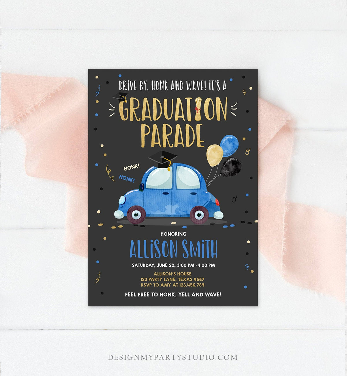 Editable Drive By Graduation Parade Invitation Drive Through Party Blue Gold Quarantine Graduate 2020 High School Grad Download Corjl 0337