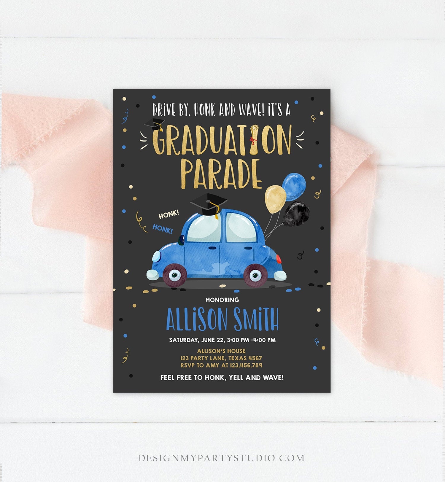 Editable Drive By Graduation Parade Invitation Drive Through Party Blue Gold Quarantine Graduate 2020 High School Grad Download Corjl 0337