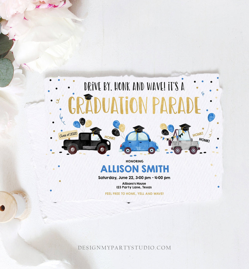 Editable Drive By Graduation Parade Invitation Drive Through Party Blu ...
