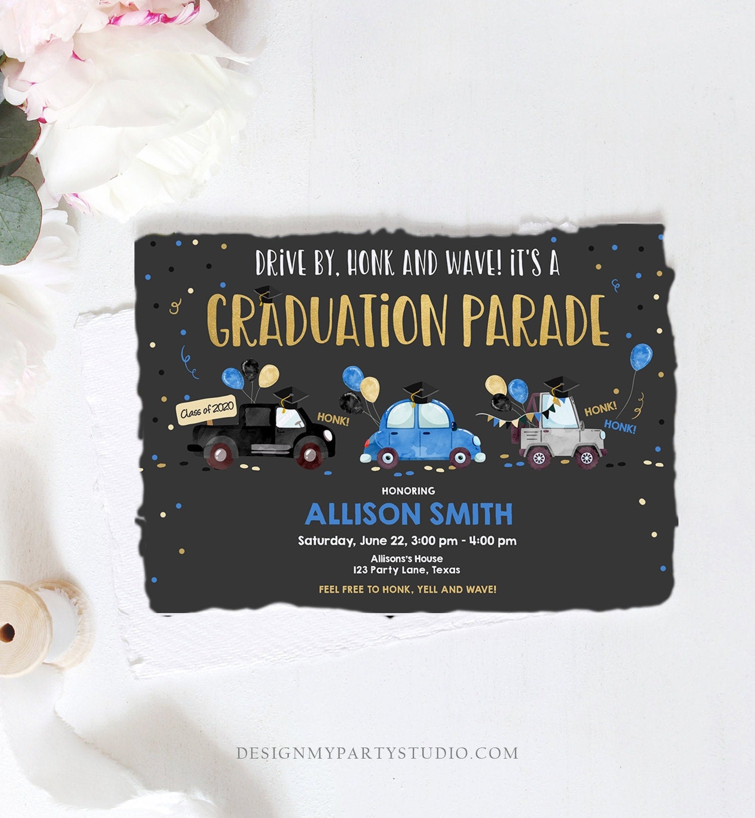 Editable Drive By Graduation Parade Invitation Drive Through Party Blue Gold Quarantine Graduate 2021 High School Grad Download Corjl 0337