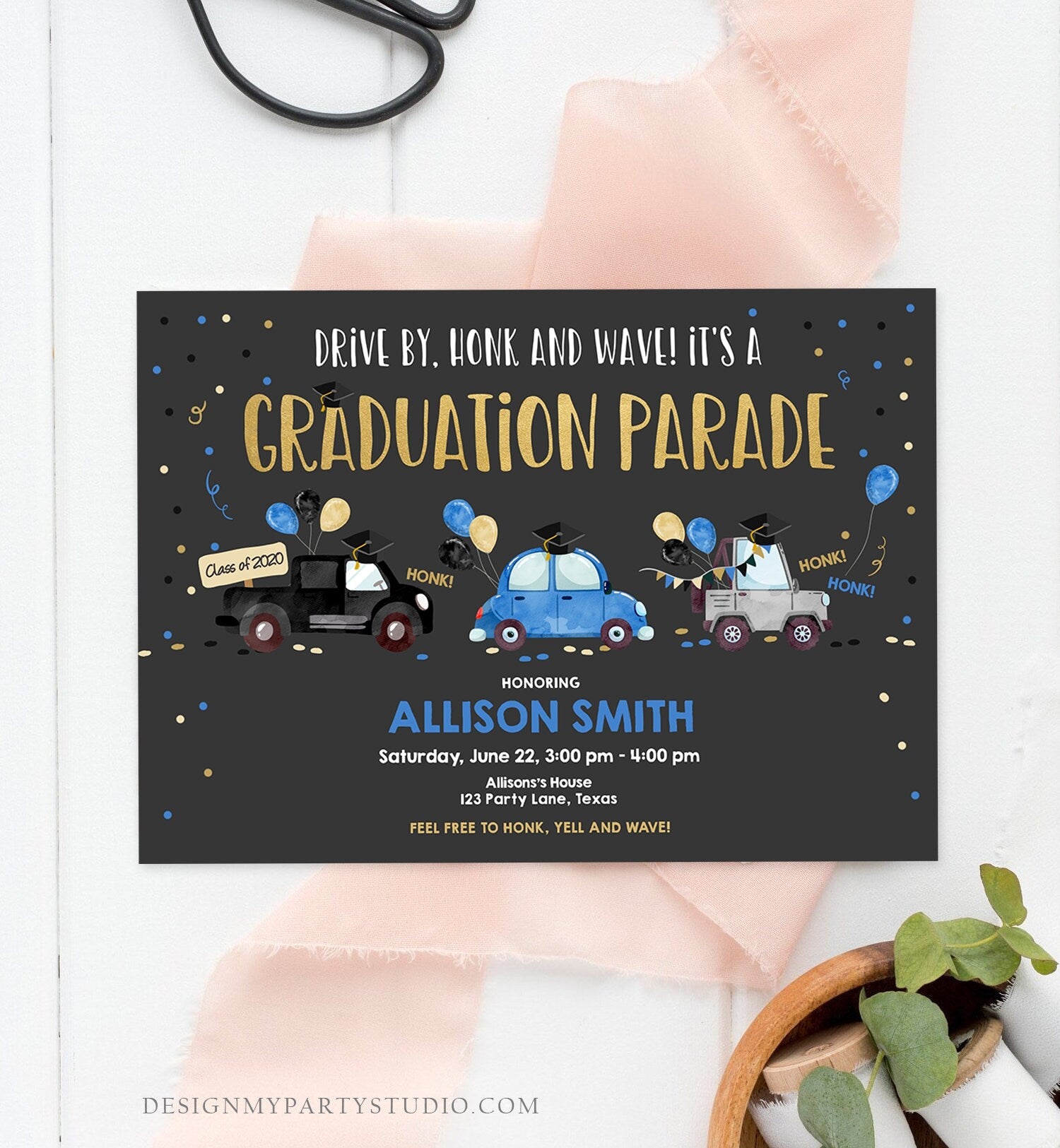 Editable Drive By Graduation Parade Invitation Drive Through Party Blue Gold Quarantine Graduate 2021 High School Grad Download Corjl 0337