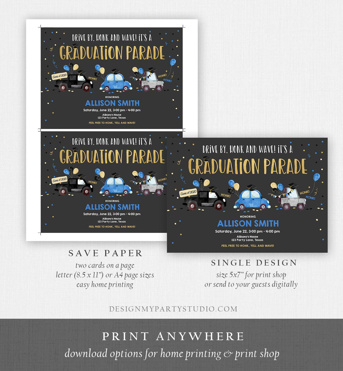 Editable Drive By Graduation Parade Invitation Drive Through Party Blue Gold Quarantine Graduate 2021 High School Grad Download Corjl 0337