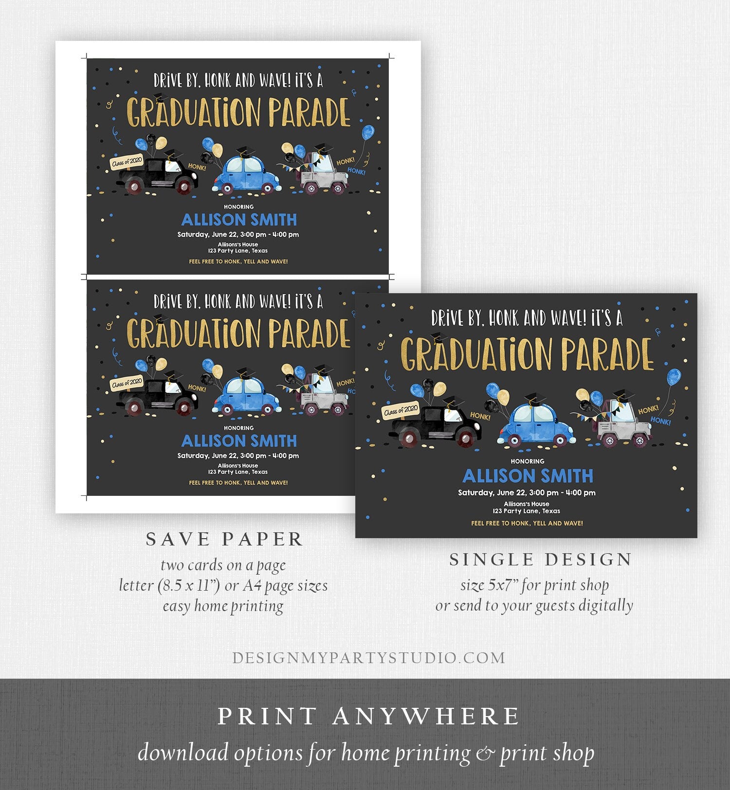 Editable Drive By Graduation Parade Invitation Drive Through Party Blue Gold Quarantine Graduate 2021 High School Grad Download Corjl 0337