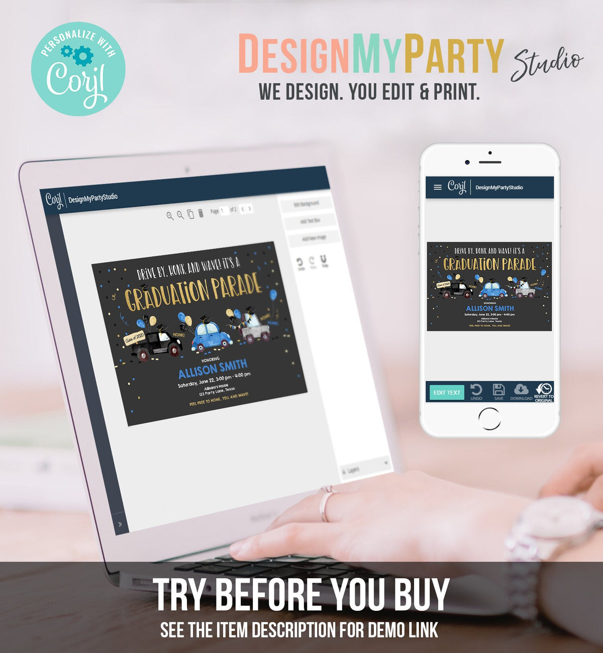 Editable Drive By Graduation Parade Invitation Drive Through Party Blue Gold Quarantine Graduate 2021 High School Grad Download Corjl 0337