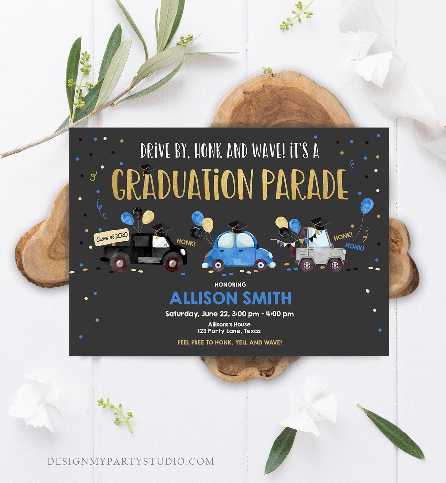 Editable Drive By Graduation Parade Invitation Drive Through Party Blue Gold Quarantine Graduate 2021 High School Grad Download Corjl 0337
