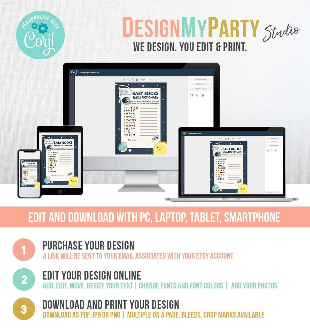 Editable Baby Children&#39;s Book Emoji Pictionary Baby Shower Game Space Space Baby Shower Activity Astronaut Corjl Template Printable 0046