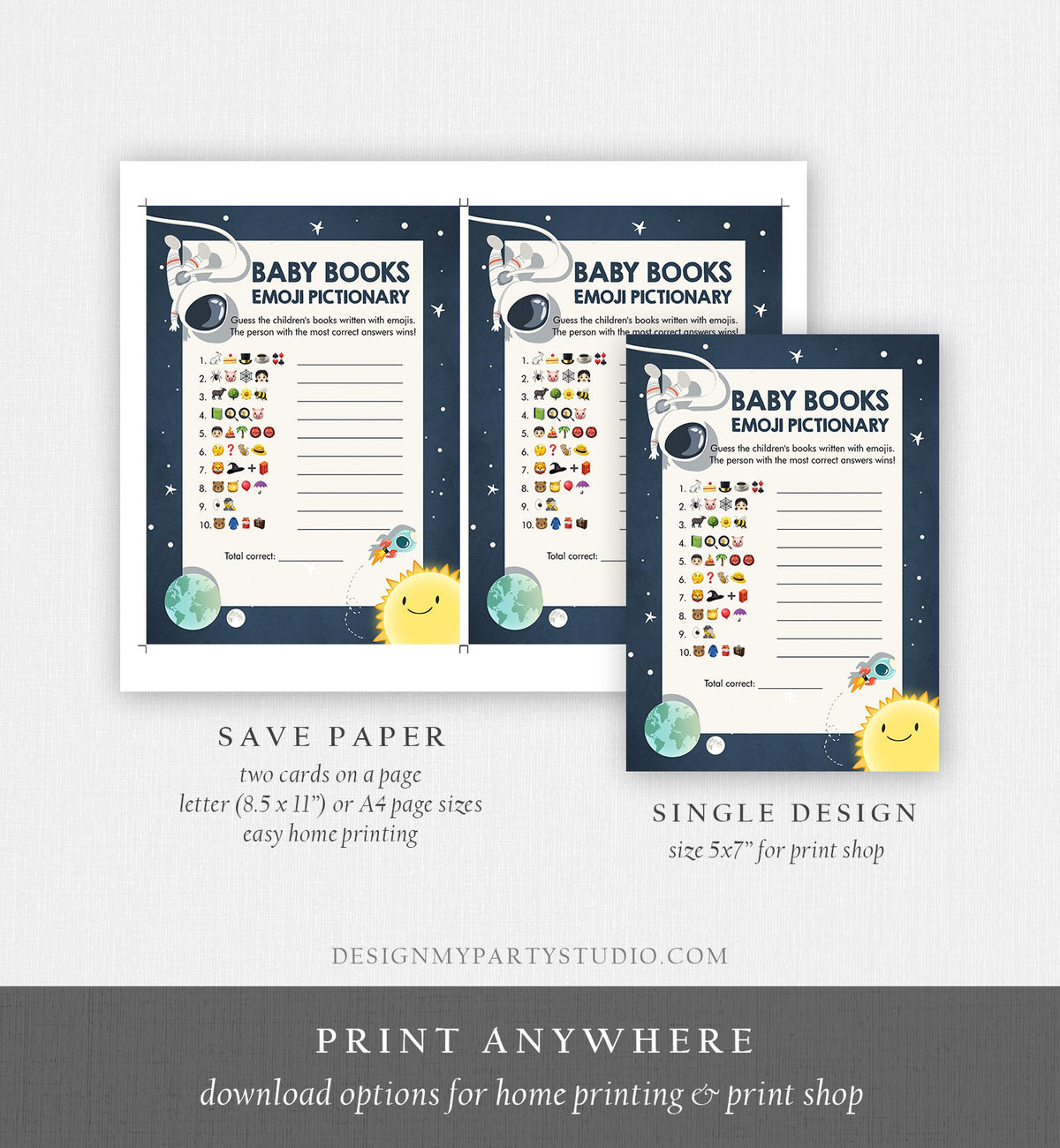 Editable Baby Children&#39;s Book Emoji Pictionary Baby Shower Game Space Space Baby Shower Activity Astronaut Corjl Template Printable 0046