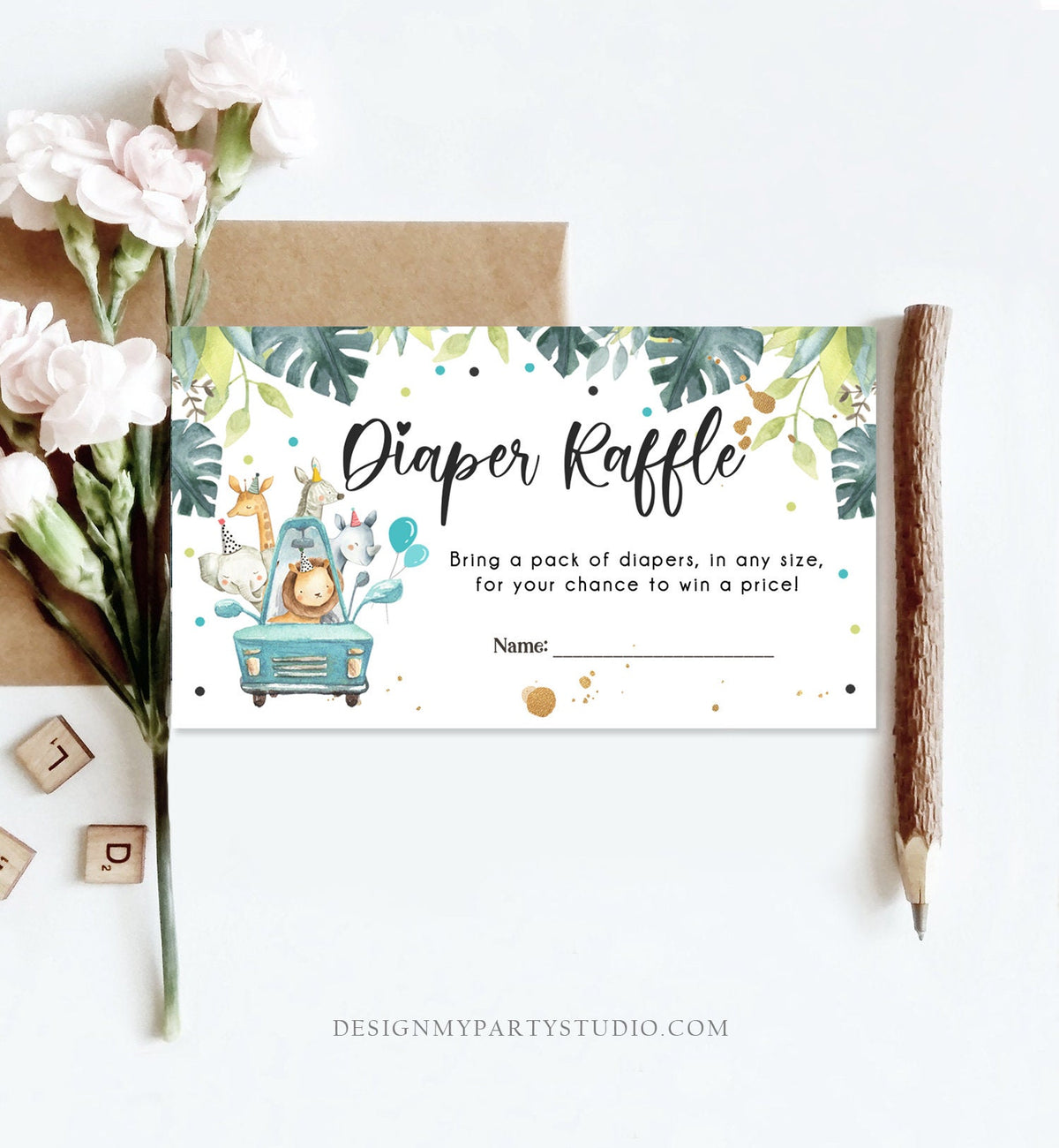 Editable Drive By Diaper Raffle Ticket Baby Shower Safari Animals Blue Floral Boy Drive Through Diaper Game Ticket Corjl Template 0345