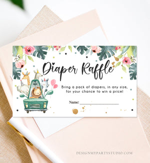 Editable Drive By Diaper Raffle Ticket Baby Shower Safari Animals Pink Floral Girl Drive Through Diaper Game Ticket Corjl Template 0345