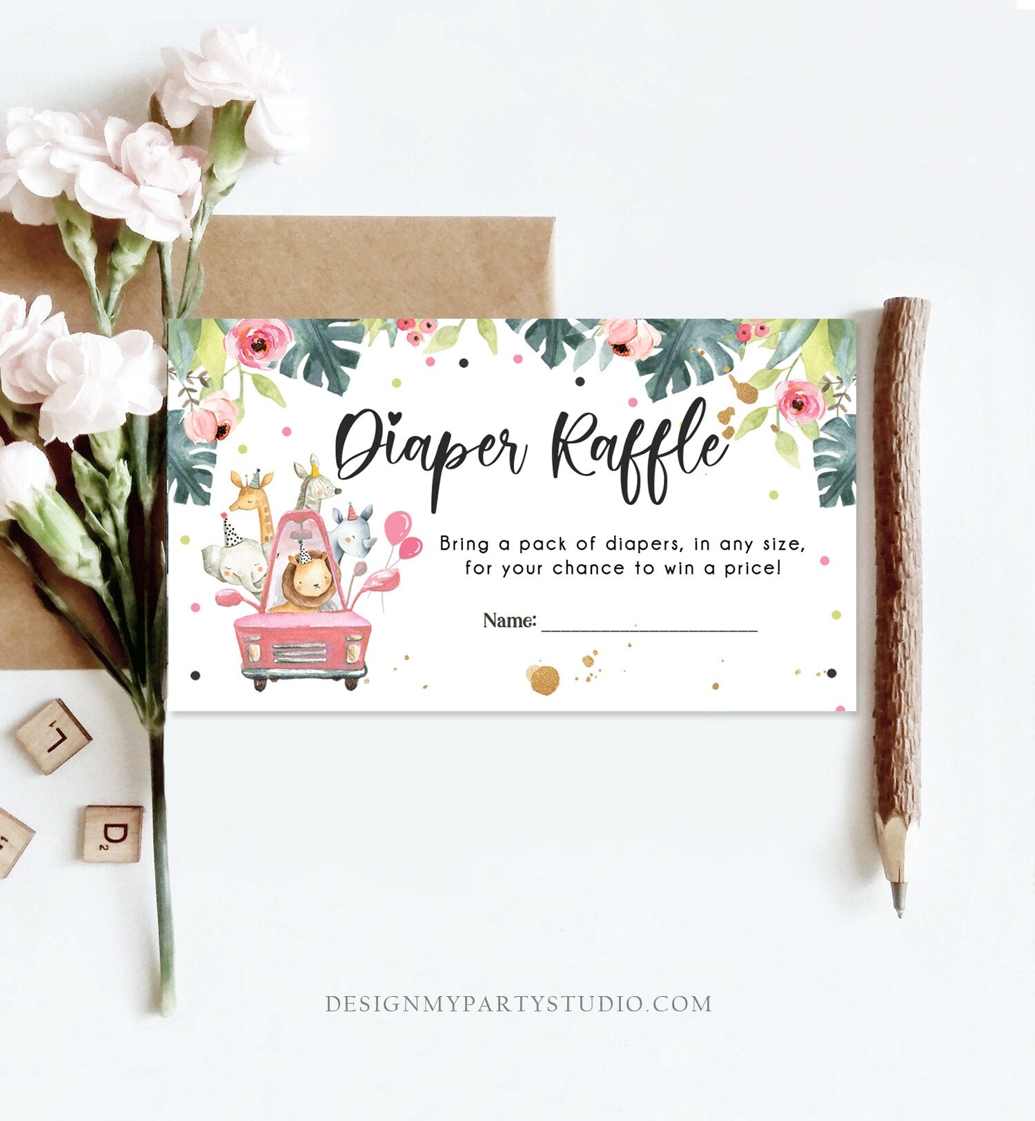 Editable Drive By Diaper Raffle Ticket Baby Shower Safari Animals Pink Floral Girl Drive Through Diaper Game Ticket Corjl Template 0163