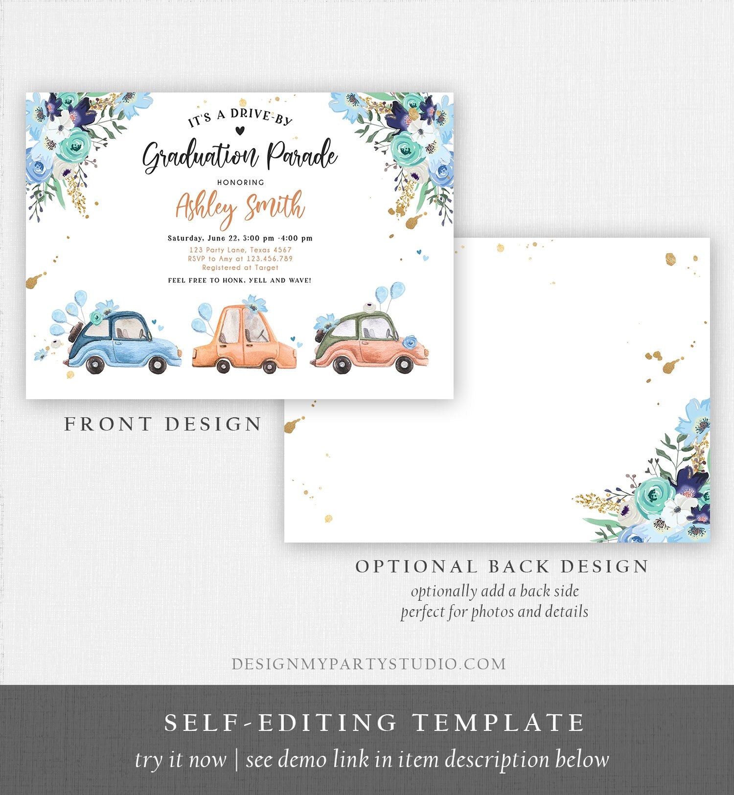 Editable Drive By Graduation Parade Invitation Drive Through Gold Blue Floral Girl Graduate School Grad Class 2020 Quarantine Corjl 0335