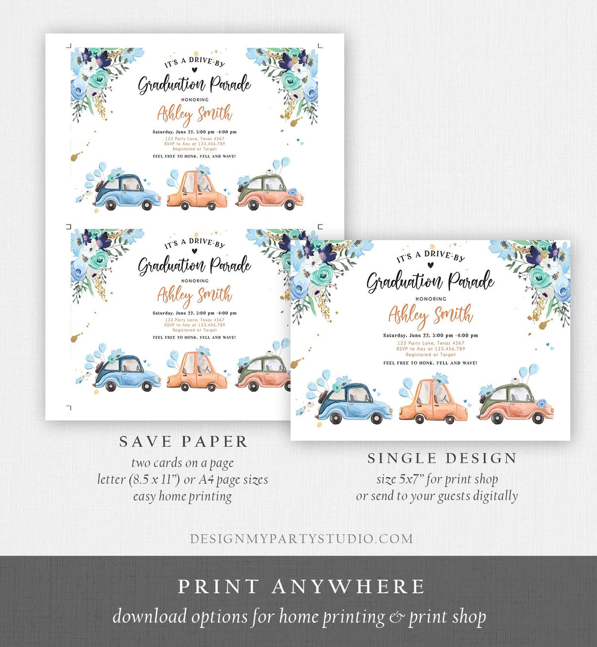 Editable Drive By Graduation Parade Invitation Drive Through Gold Blue Floral Girl Graduate School Grad Class 2020 Quarantine Corjl 0335