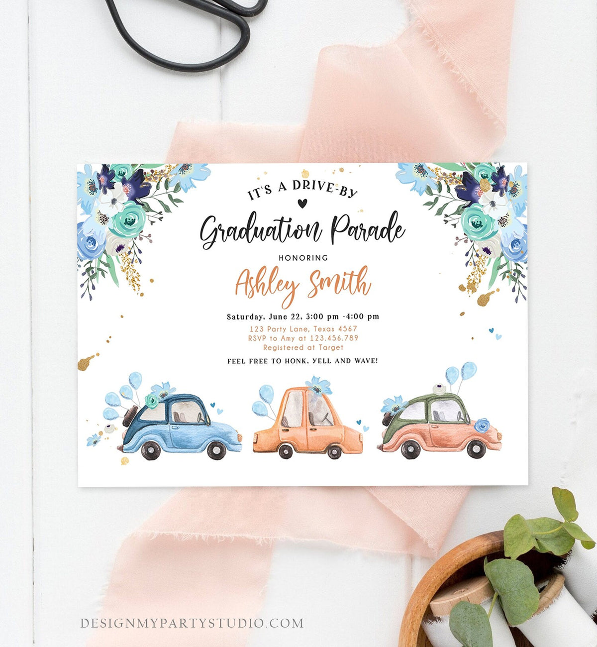 Editable Drive By Graduation Parade Invitation Drive Through Gold Blue Floral Girl Graduate School Grad Class 2020 Quarantine Corjl 0335