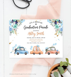 Editable Drive By Graduation Parade Invitation Drive Through Gold Blue Floral Girl Graduate School Grad Class 2020 Quarantine Corjl 0335
