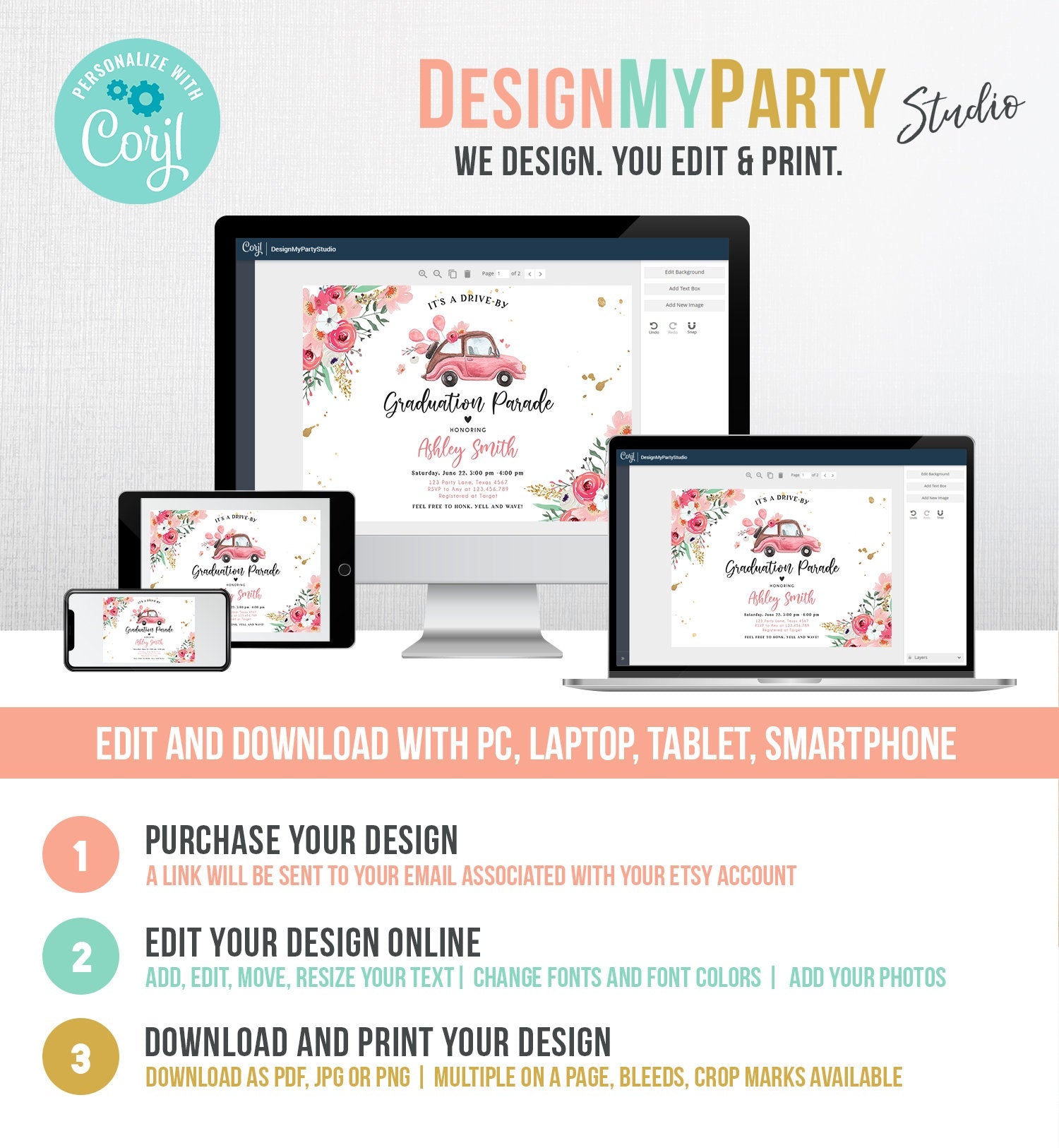 Editable Drive By Graduation Parade Invitation Drive Through Gold Pink Floral Girl Graduate School Grad Class 2020 Quarantine Corjl 0335