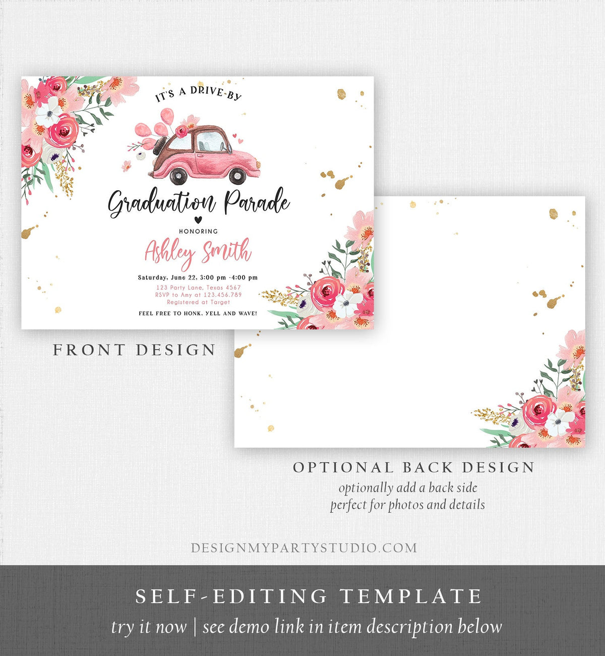 Editable Drive By Graduation Parade Invitation Drive Through Gold Pink Floral Girl Graduate School Grad Class 2020 Quarantine Corjl 0335