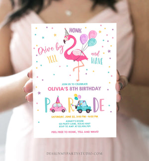 Editable Flamingo Drive By Birthday Parade Invitation Virtual Party Invite Honk Wave Car Girl Pink Quarantine Download Digital Corjl 0200