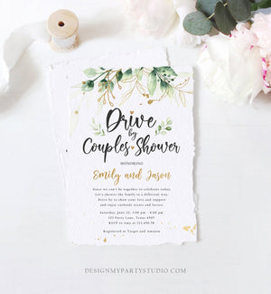 Editable Drive By Couples Shower Invitation Drive Through Social Distancing Gold Floral Greenery Bridal Coed Shower Corjl Template 0168