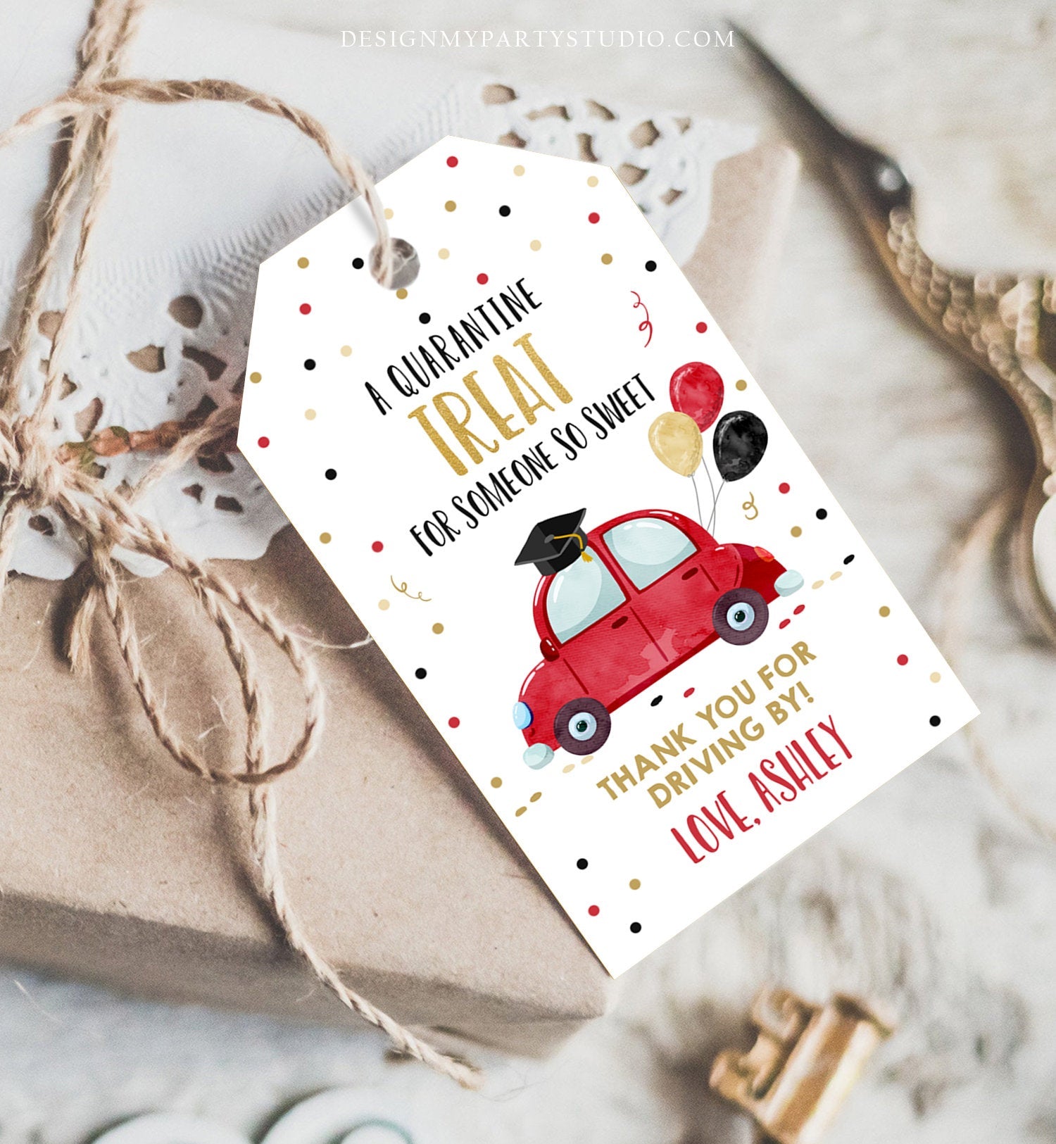 Editable Drive By Favor Tag Drive Through Graduation Parade Thank You Gift Tags Quarantine Red Car High School Grad Graduate Corjl 0337