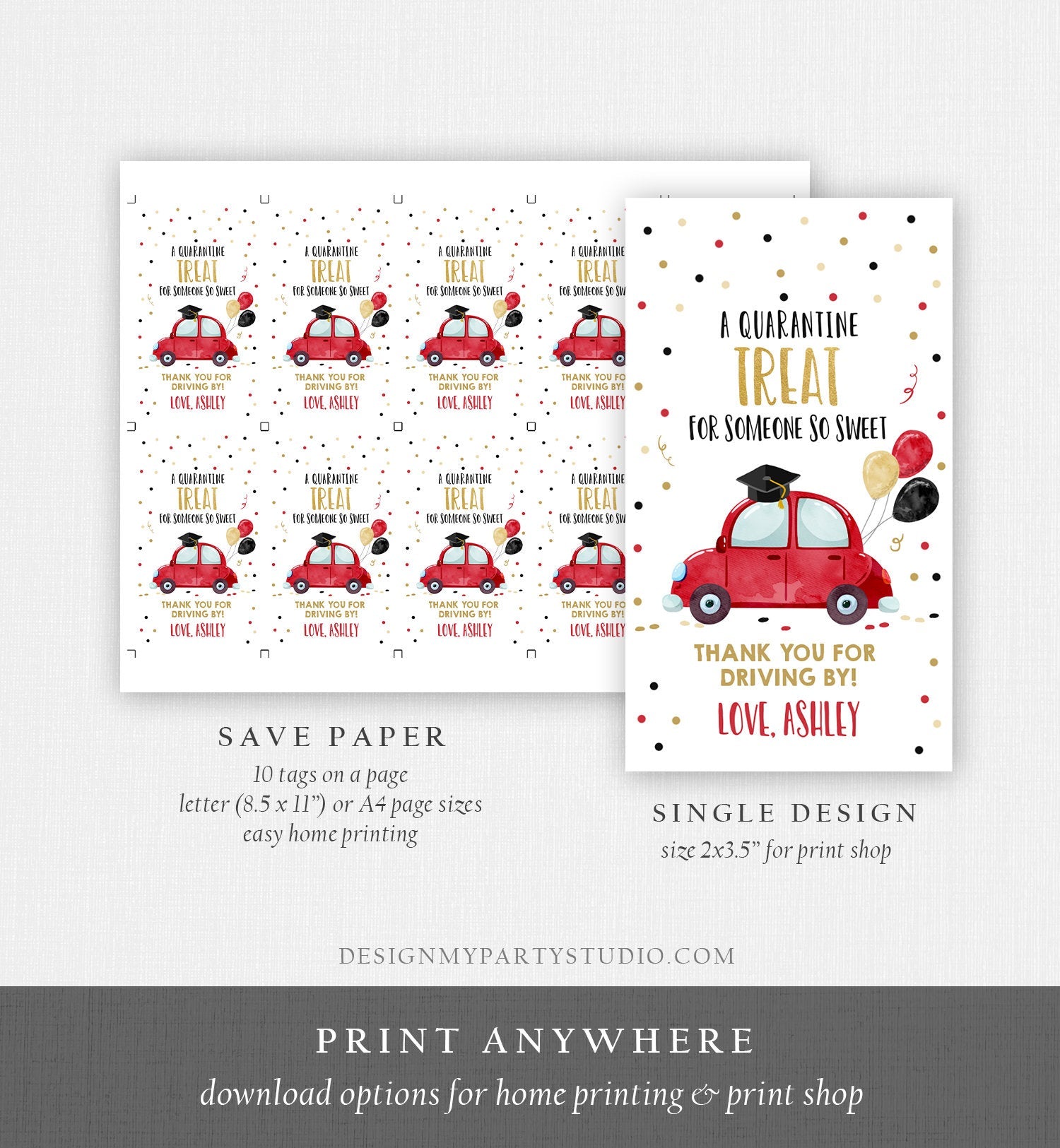 Editable Drive By Favor Tag Drive Through Graduation Parade Thank You Gift Tags Quarantine Red Car High School Grad Graduate Corjl 0337