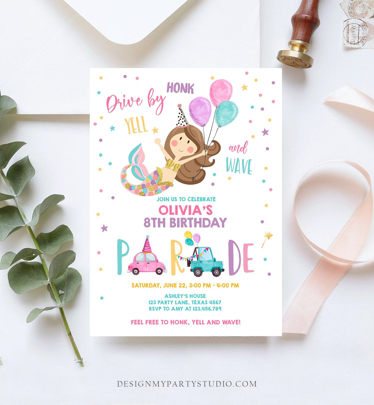 Editable Mermaid Drive By Birthday Parade Invitation Virtual Party Invite Honk Wave Car Girl Pink Quarantine Download Digital Corjl 0338