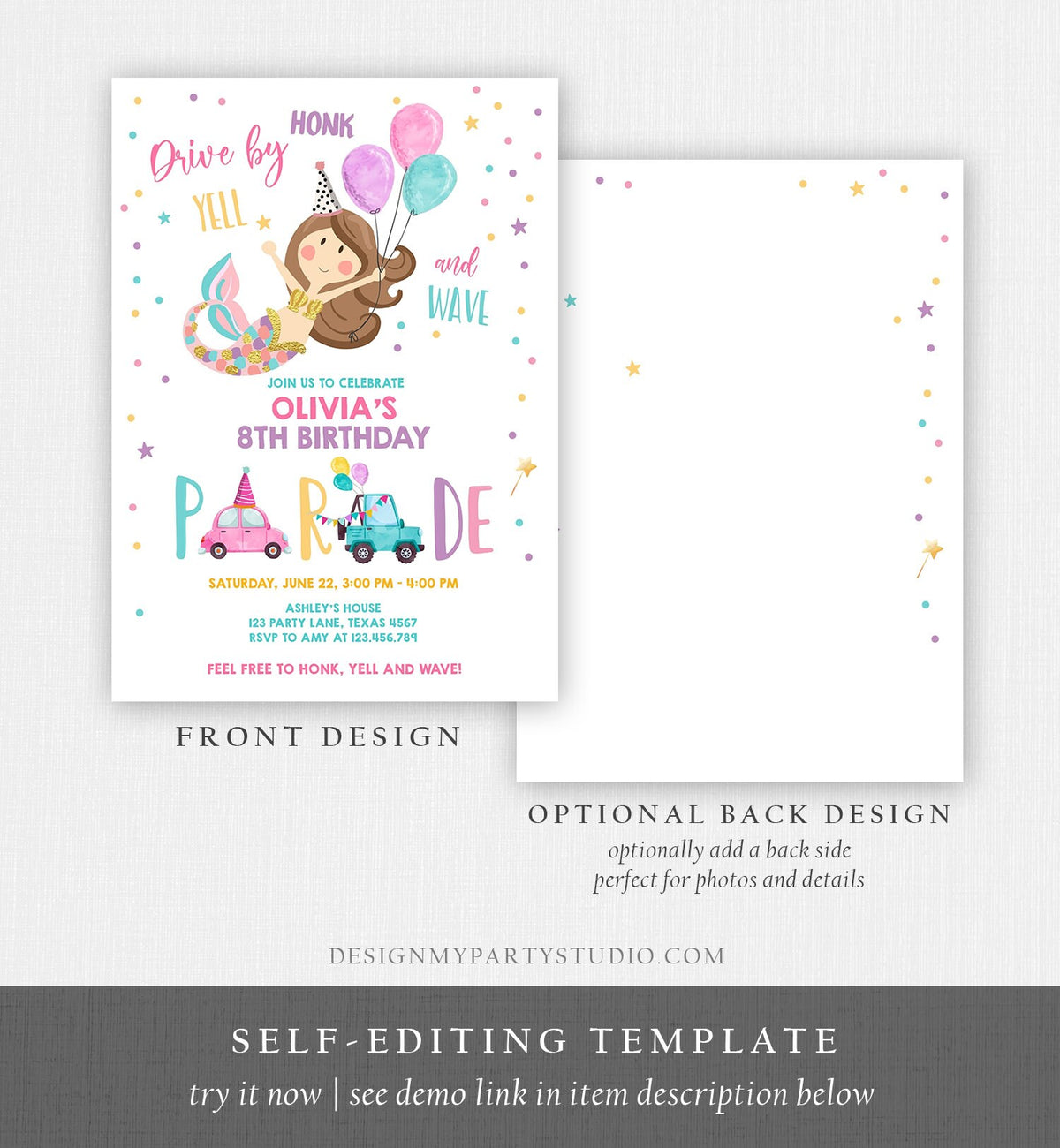 Editable Mermaid Drive By Birthday Parade Invitation Virtual Party Invite Honk Wave Car Girl Pink Quarantine Download Digital Corjl 0338