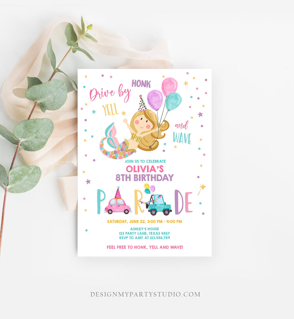 Editable Mermaid Drive By Birthday Parade Invitation Virtual Party Invite Honk Wave Car Girl Pink Quarantine Download Digital Corjl 0338