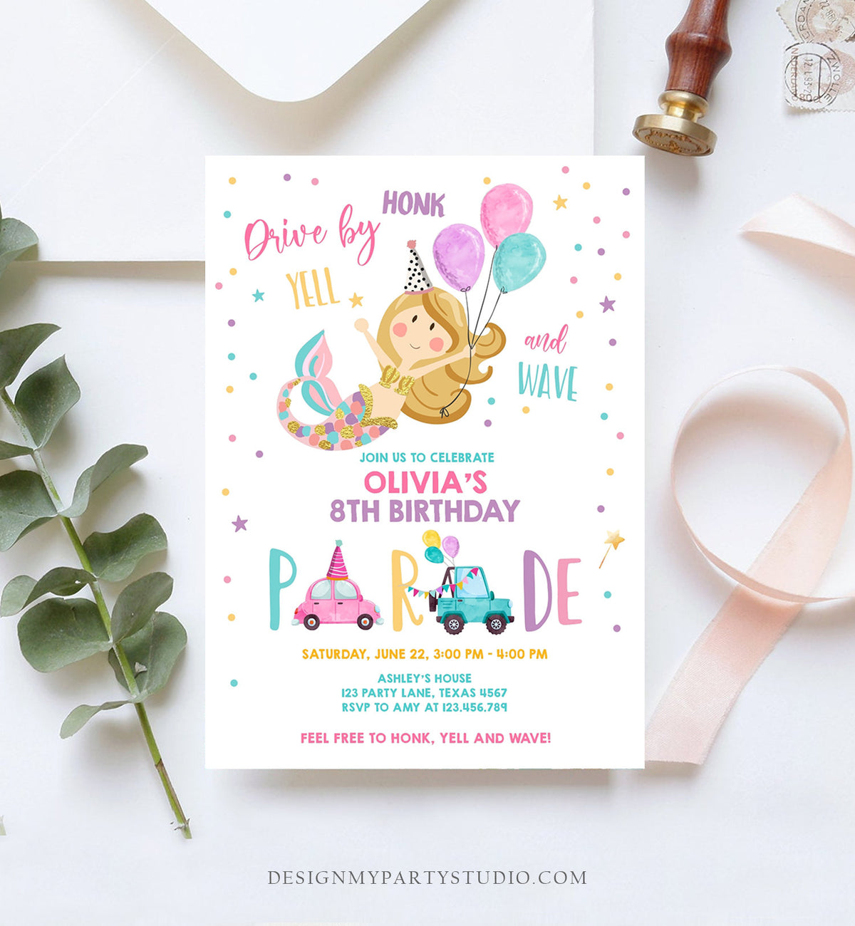 Editable Mermaid Drive By Birthday Parade Invitation Virtual Party Invite Honk Wave Car Girl Pink Quarantine Download Digital Corjl 0338