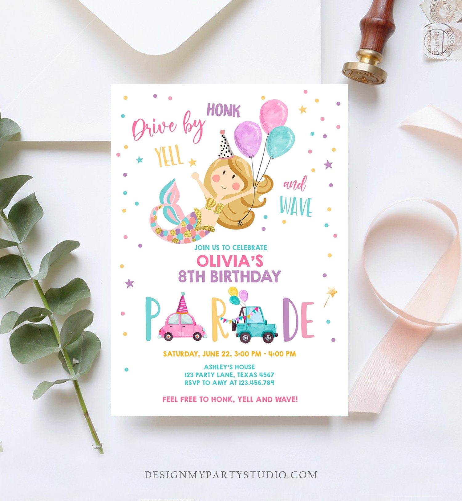 Editable Mermaid Drive By Birthday Parade Invitation Virtual Party Invite Honk Wave Car Girl Pink Quarantine Download Digital Corjl 0338