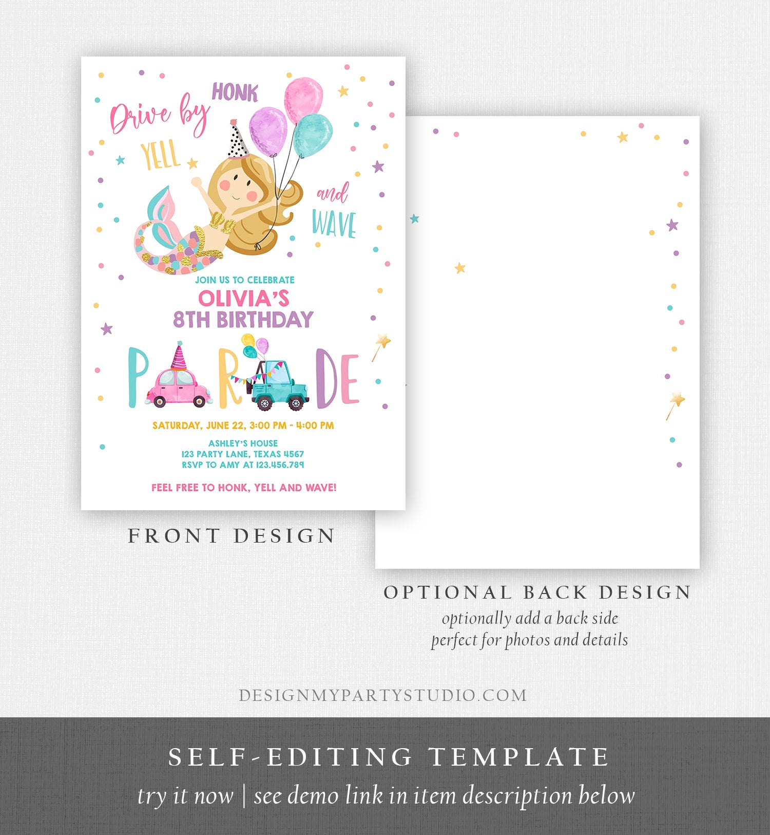 Editable Mermaid Drive By Birthday Parade Invitation Virtual Party Invite Honk Wave Car Girl Pink Quarantine Download Digital Corjl 0338