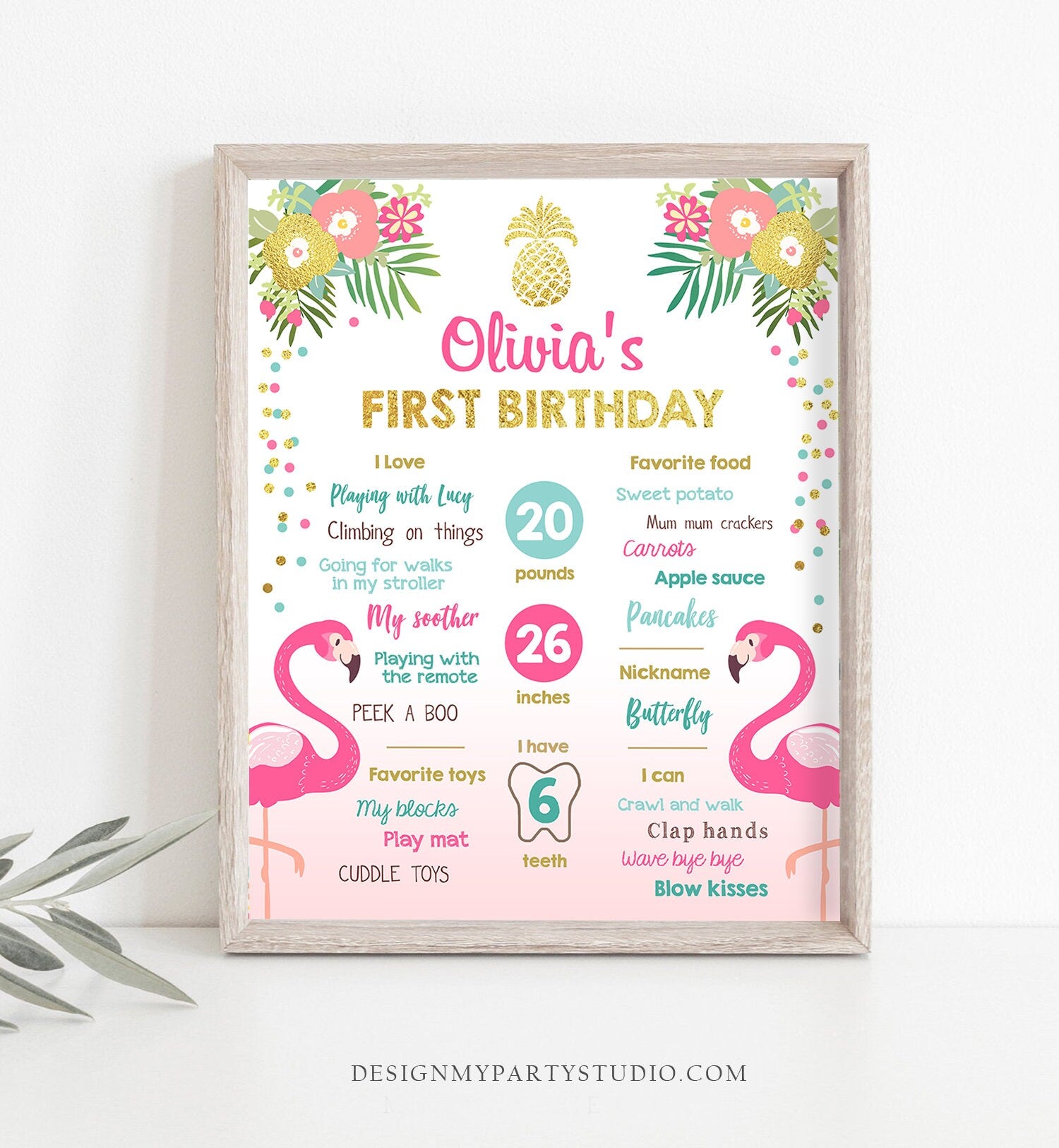 Editable Flamingo Aloha Birthday Milestones Sign Summer First Birthday 1st Birthday Girl Pink Gold Tropical Party Corjl Template 0200