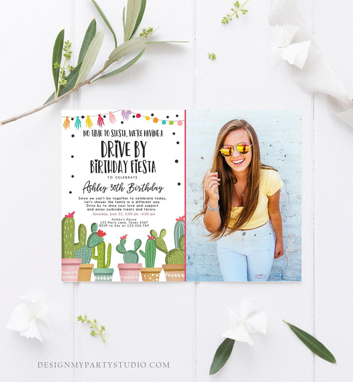 Editable Drive By Birthday Fiesta Invitation Cactus No Time to Siesta Party 30th 40th 50th Drive Through Quarantine  Corjl Template 0254
