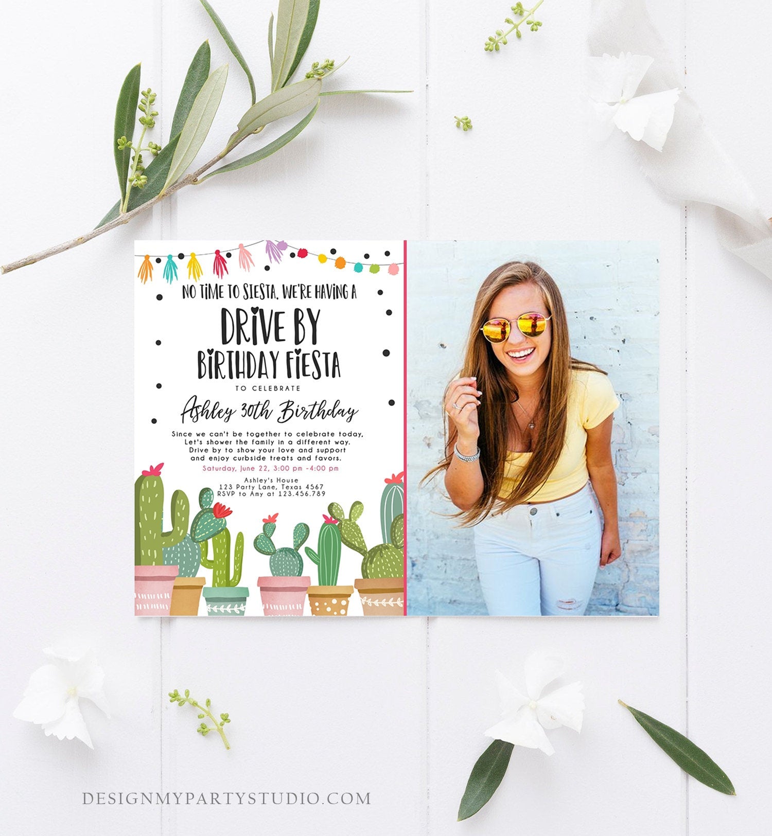 Editable Drive By Birthday Fiesta Invitation Cactus No Time to Siesta Party 30th 40th 50th Drive Through Quarantine  Corjl Template 0254