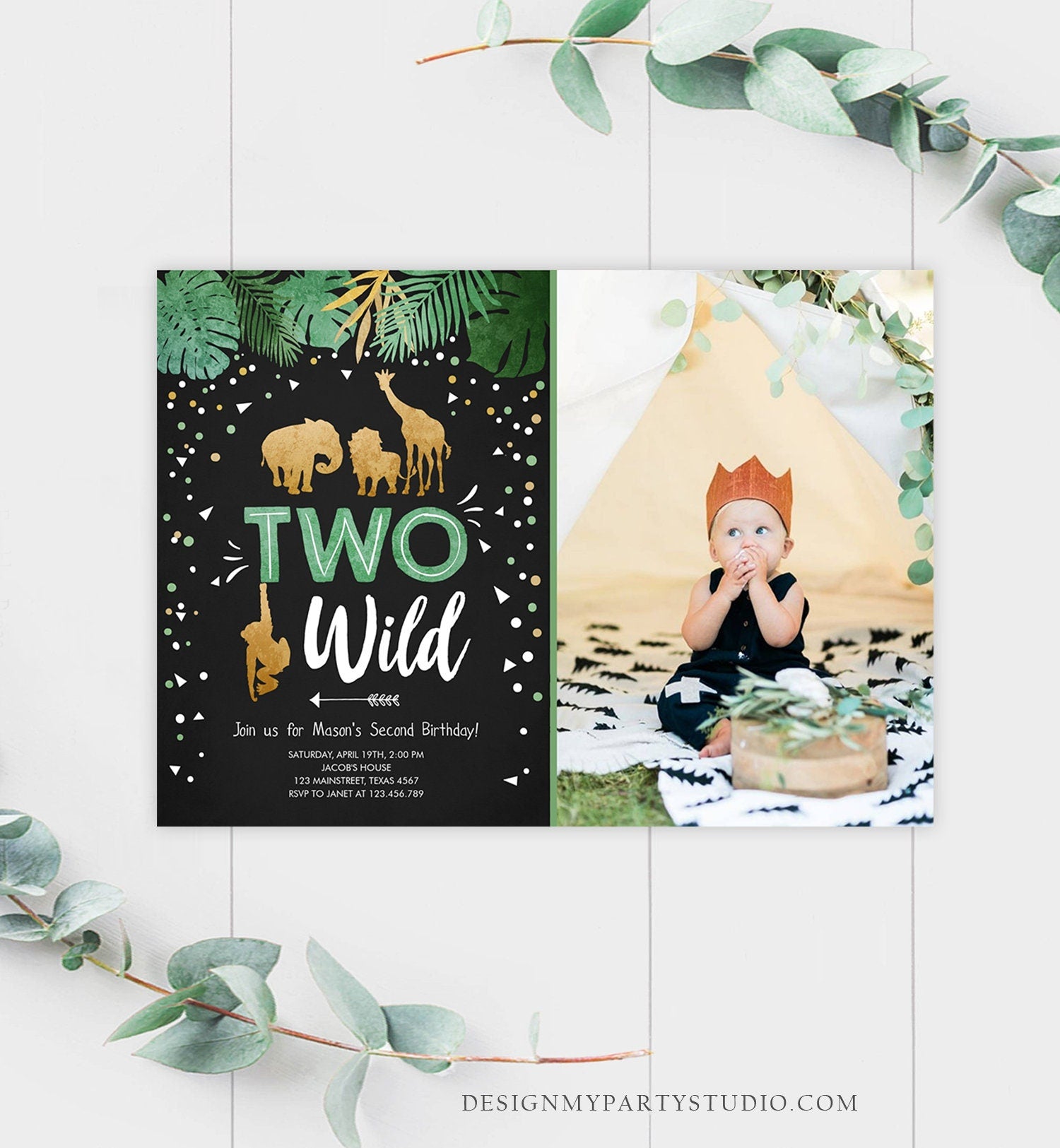 Editable Two Wild Birthday Invitation Safari Animals Wild Animals Black Gold Second Birthday 2nd Jungle Printable Corjl Template 0016