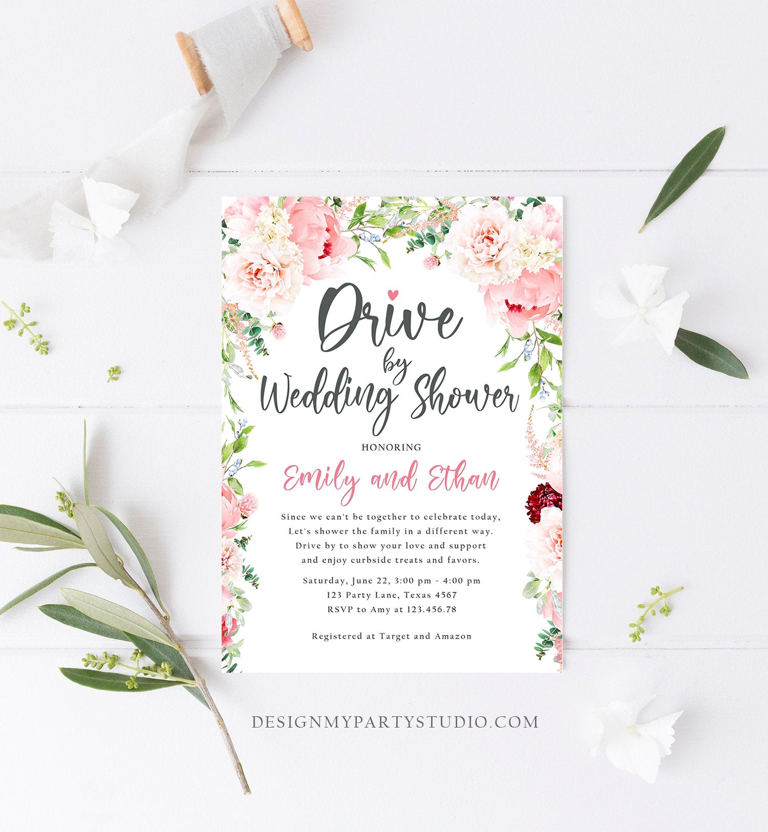 Editable Drive By Wedding Shower Invitation Drive Through Social Distancing Peony Floral Botanical Couples Coed Shower Corjl Template 0168