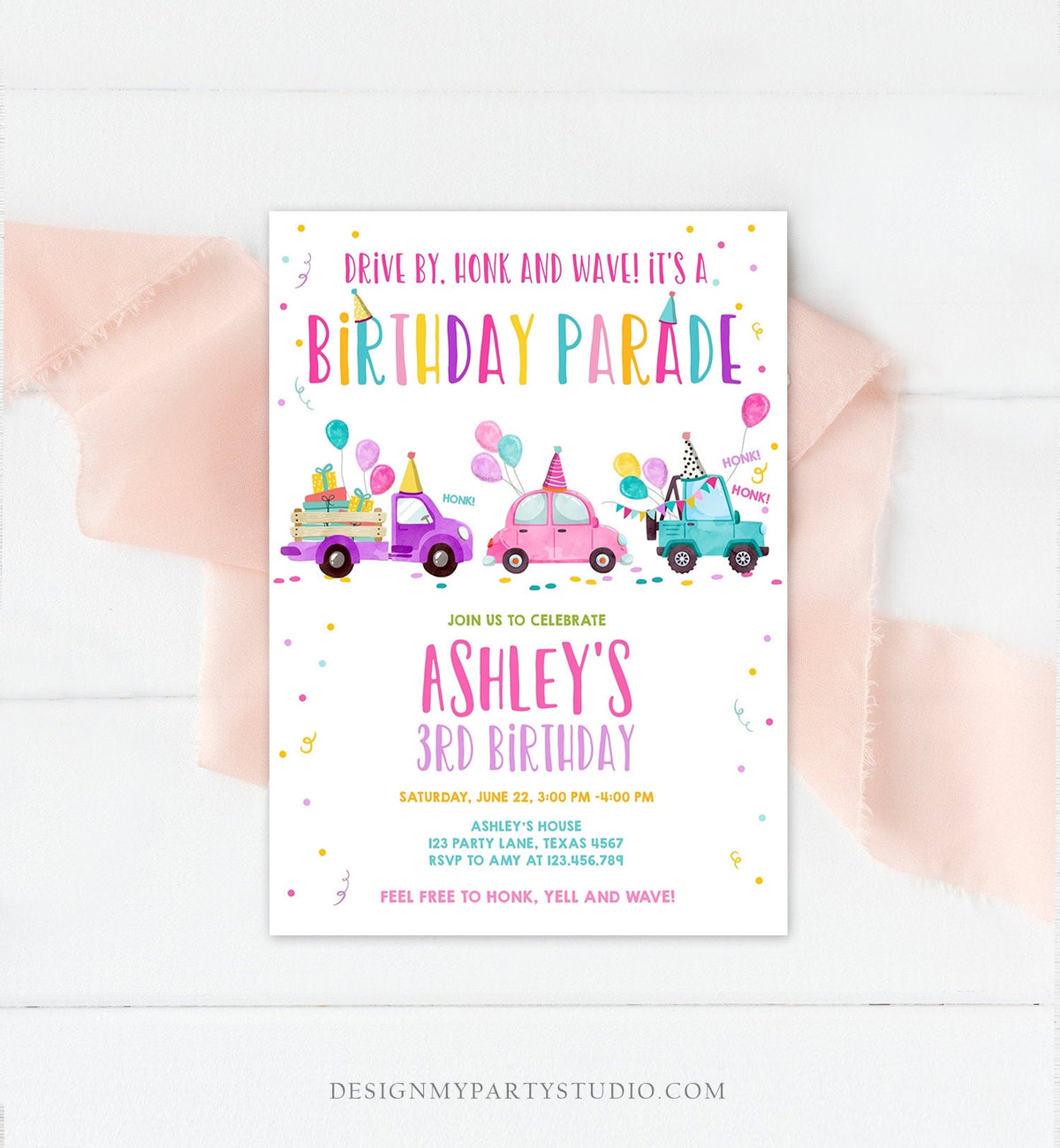 Editable Drive By Birthday Parade Invitation Virtual Party Invite Honk Wave Car Girl Pink Quarantine Instant Download Digital Corjl 0333