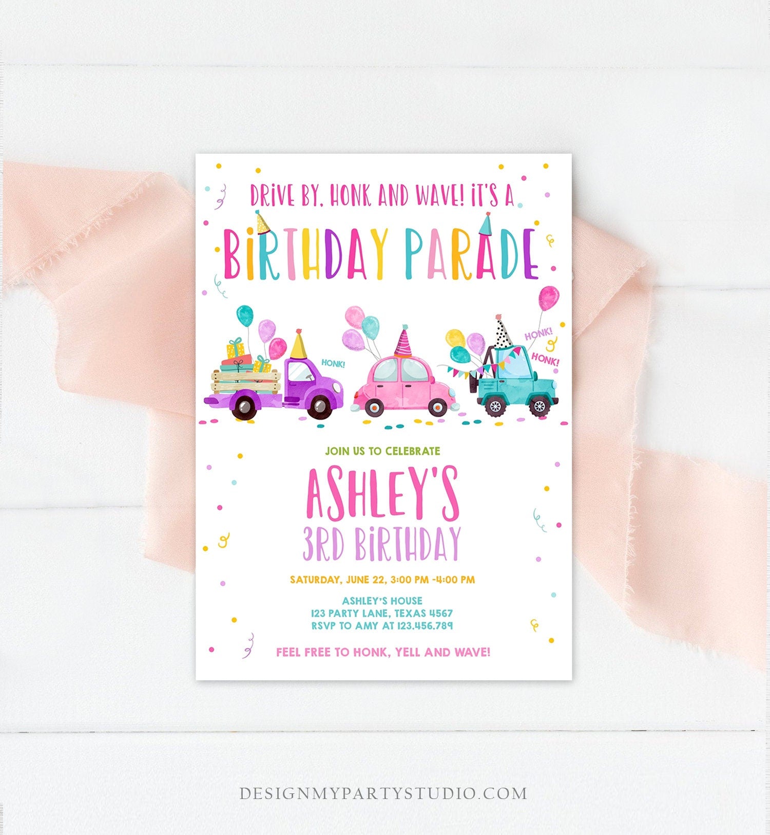 Editable Drive By Birthday Parade Invitation Virtual Party Invite Honk Wave Car Girl Pink Quarantine Instant Download Digital Corjl 0333