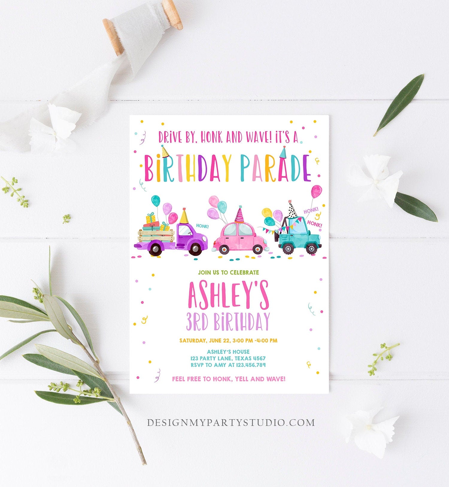 Editable Drive By Birthday Parade Invitation Virtual Party Invite Honk Wave Car Girl Pink Quarantine Instant Download Digital Corjl 0333