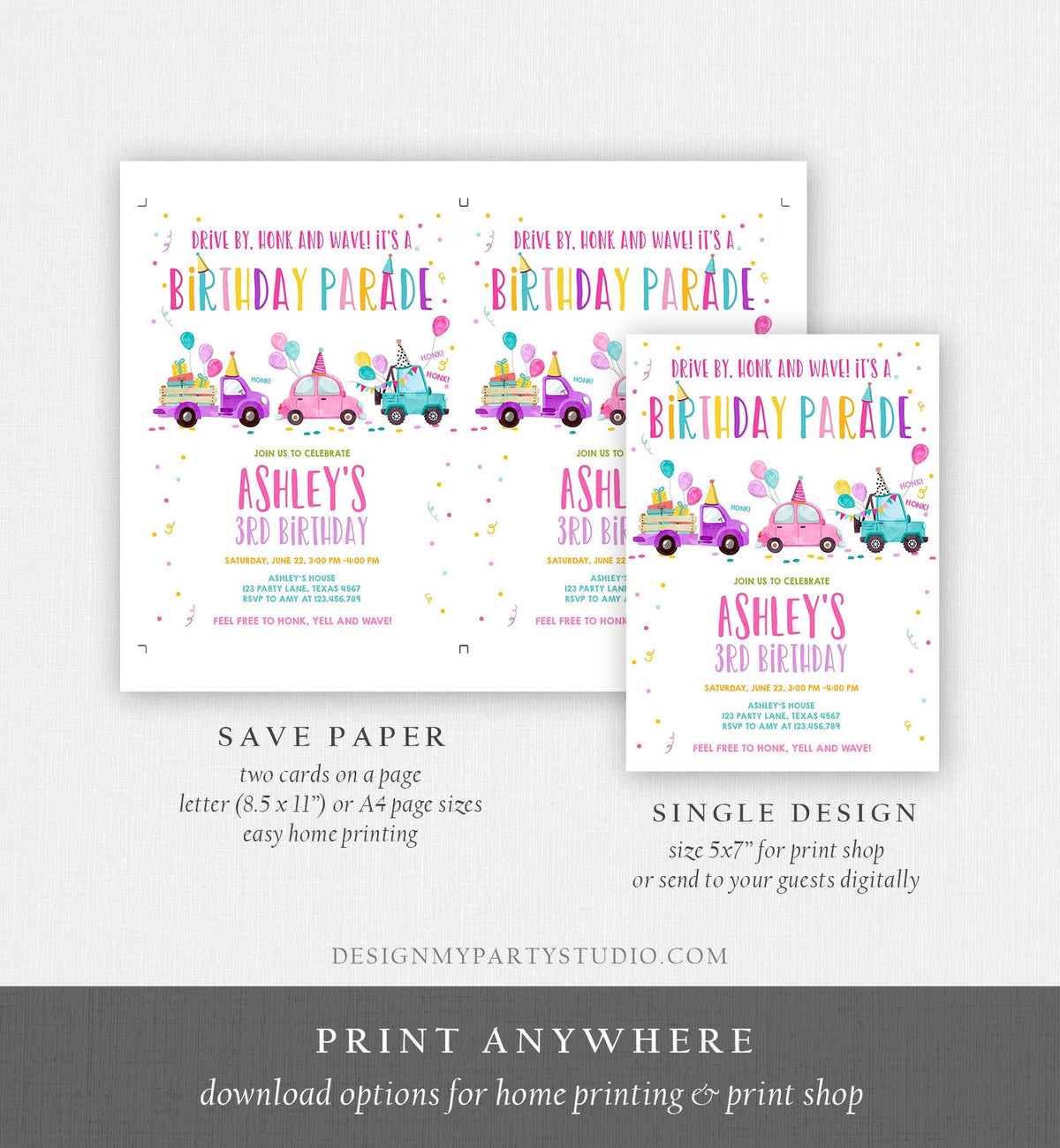 Editable Drive By Birthday Parade Invitation Virtual Party Invite Honk Wave Car Girl Pink Quarantine Instant Download Digital Corjl 0333